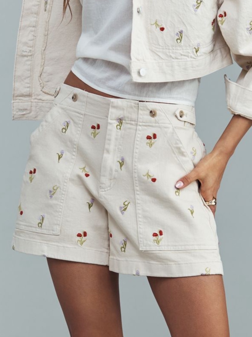 Pilcro Cream Embroidered Floral Utility Shorts